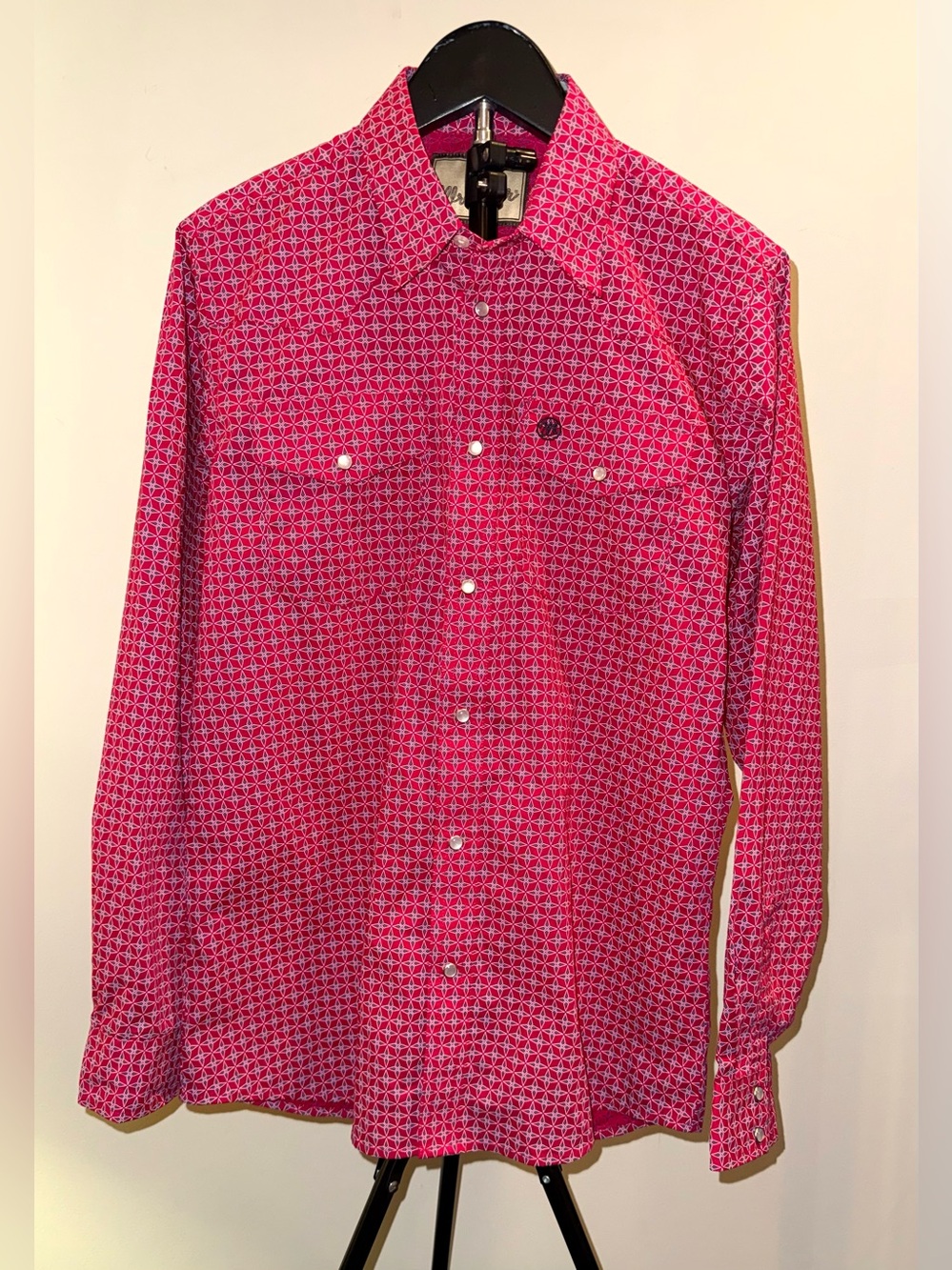 Wrangler Youth XL Pink Geometric Western Pearl Snap Long Sleeve Shirt, EUC
